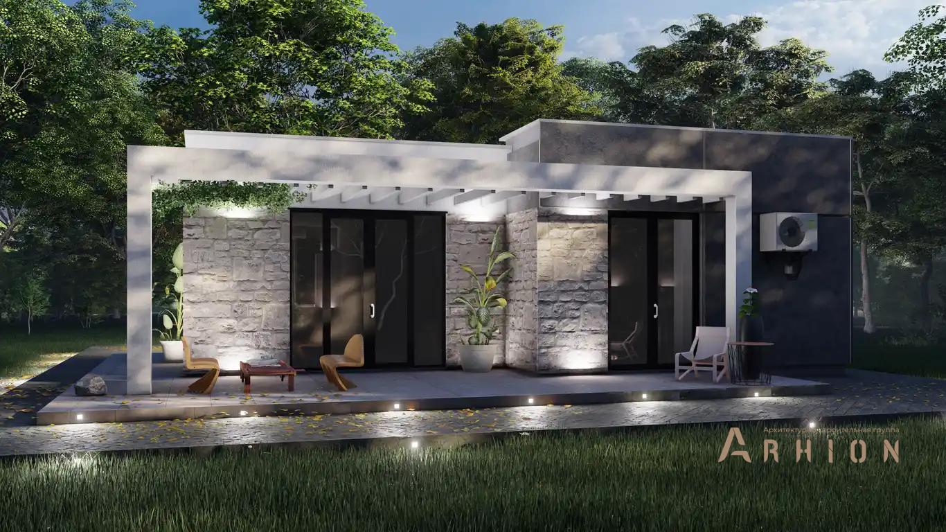 7. Проект одноэтажного дома в стиле хай-тек с плоской кровлей , h-1625, площадью - 88 кв c терассой